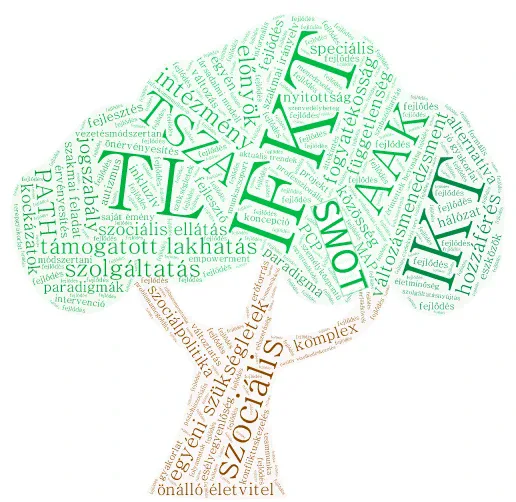 A képen egy fa alakzatú szófelhő van. A fő szavak TL, IFKT, AAK, SWOT, stb.