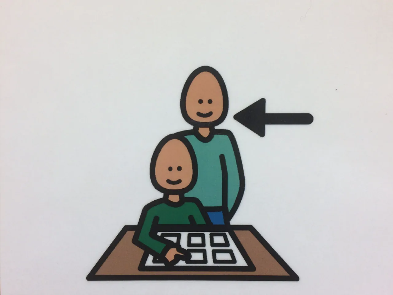 A képen két emberke látható. Az egyik segít a másiknak.