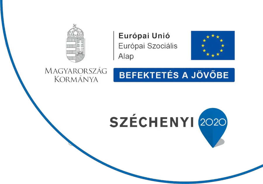 A képen a kötelező infoblokk látható az alábbi feliratokkal Magyarország kormánya, Európai Unió Európai Szociális alap, Széchenyi 2020