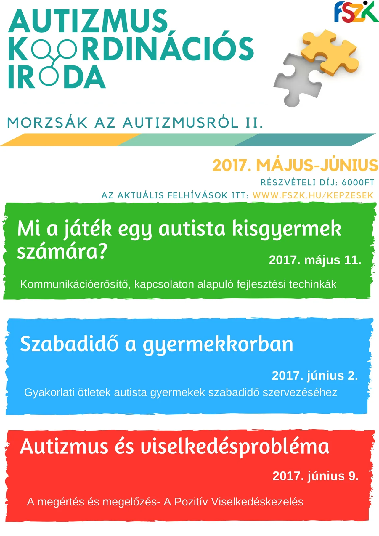 Morzsák az autizmusról plakát. Három féle program ajánló.