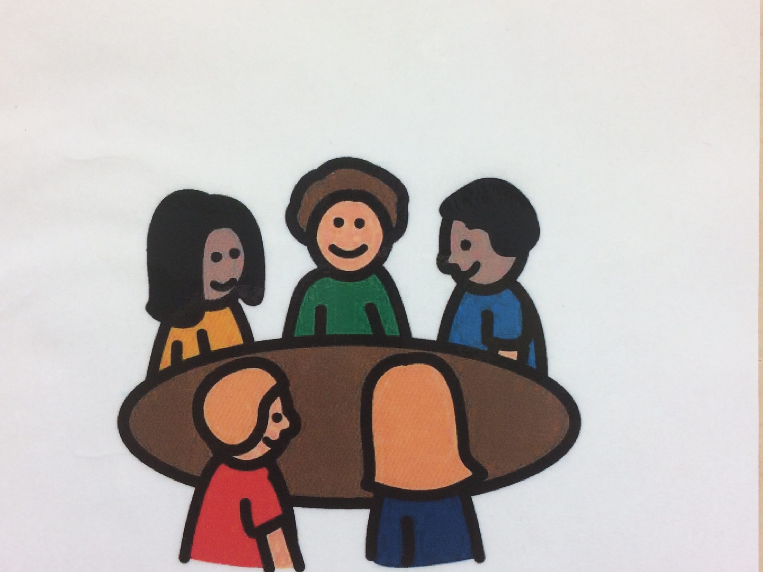 A képen öt emberke látható egy asztal körül